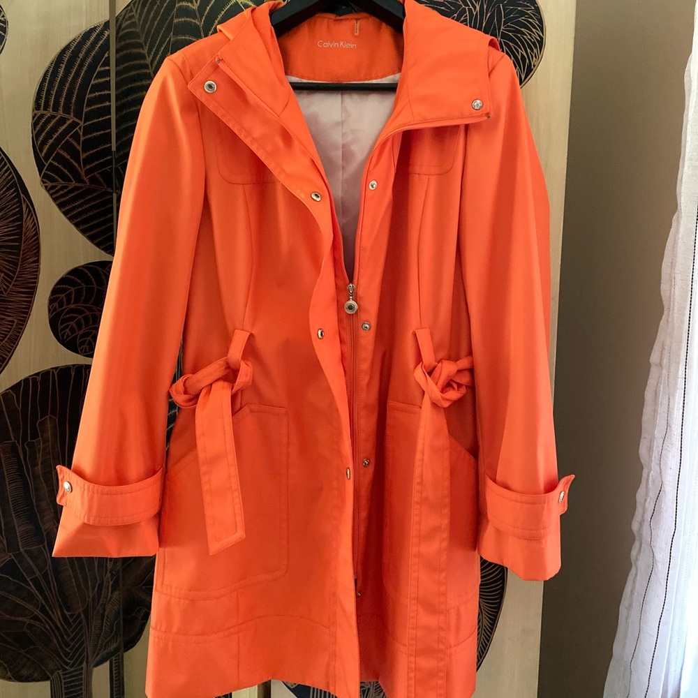 Calvin Klein Orange Hooded Rain Coat with Pockets - Womens Size L 12-14